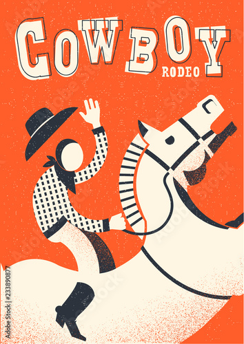 Cowboy riding wild horse.Vector red poster background