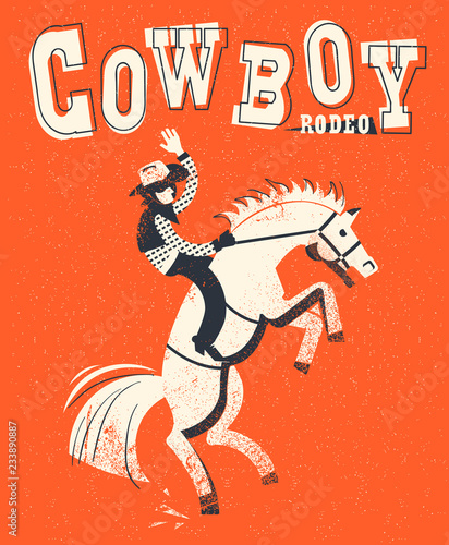Cowboy riding wild horse.Vector red background illustration