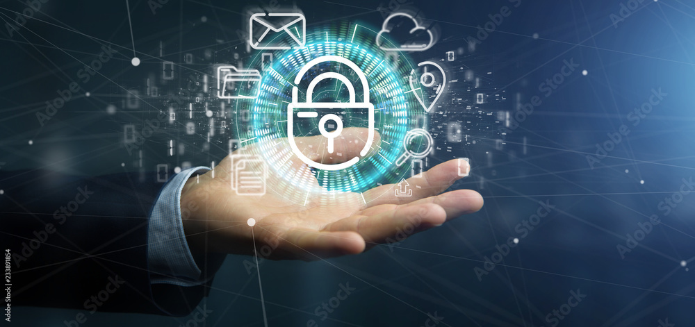 Obraz premium Businessman holding a Security padlock wheel icon with multimedia and social media icon 3d rendering