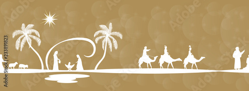 Christmas time. Seamless border of nativity scene with Mary, Joseph, baby Jesus, shepherds and three kings.