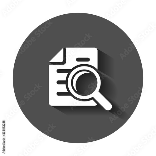 Scrutiny document plan icon in flat style. Review statement vector illustration with long shadow. Document with magnifier loupe business concept.