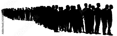 Group of people waiting in line vector silhouette isolated on white. Mexico border refugees. migration crisis in Europe. Turkey war migration waves going to Schengen Area. Border situation in USA,EU.