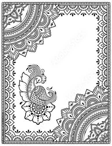 Stylized with henna tattoos decorative pattern for decorating covers book, notebook, casket, postcard and folder. Mandala, flower, peacock and border in mehndi style. Frame in the eastern tradition.