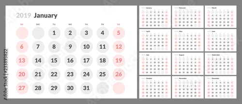 Year 2019 calendar horizontal vector design template with numbers of days of weeks. Days in the circles. Week Starts Sunday.