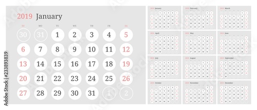 Year 2019 calendar horizontal vector design template with numbers of days of weeks. Days in the circles. Week Starts Sunday.
