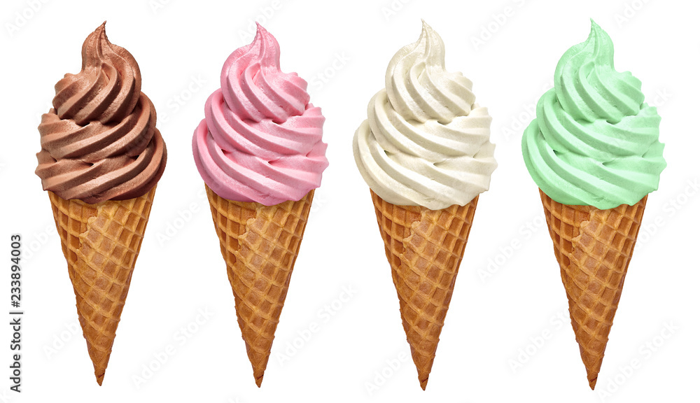 Strawberry, vanilla, mint and chocolate soft ice creams in cone isolated on white background