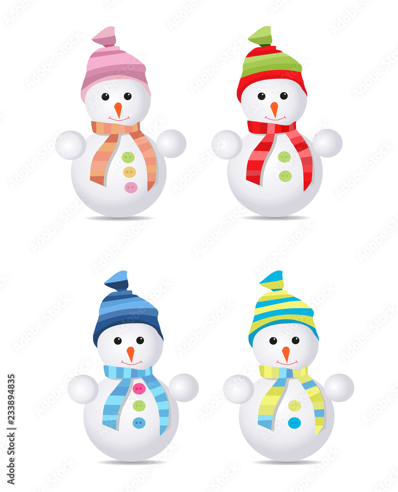 Christmas snowman dressed in a colored hat and scarf. 