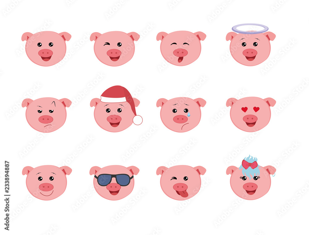 Set of Graphic Emoticons - pigs. Collection of Emoji. Smile icons