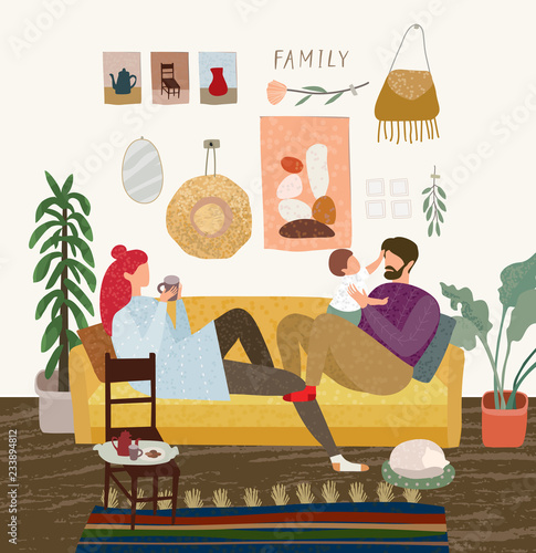 vector gouache illustration of a happy family at home on the sofa in the living room, mom drinks coffee, the father is playing with the child, the cat is sleeping on the carpet