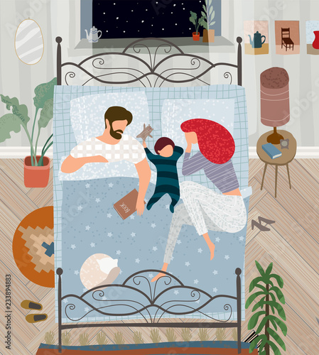 vector flat illustration of a happy family painted in gouache at home in the bedroom, mother, father, child and cat are sleeping in bed in a cozy apartment at night