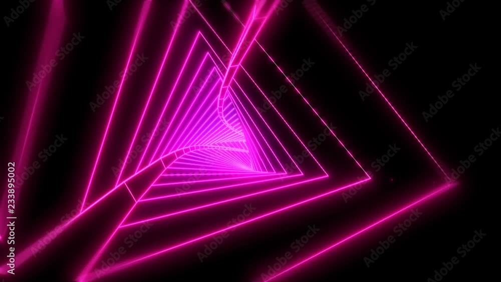 Neon low poly grid triangle tunnel animation. Seamless retro futuristic background.