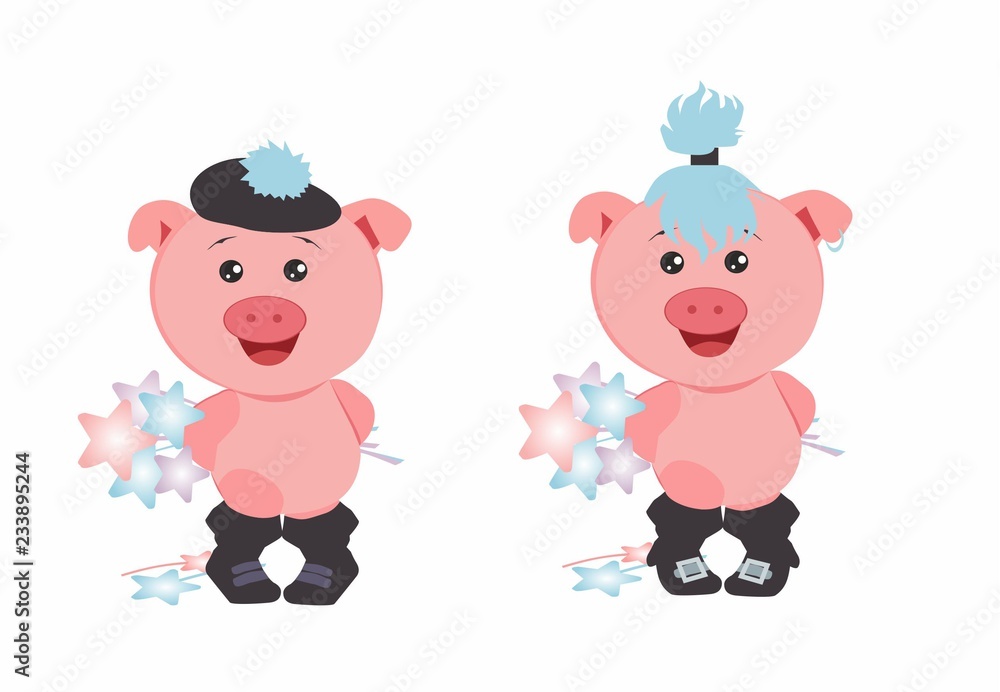 Chinese Horoscope 2019. Two pigs with flowers in the form of stars. Chinese Horoscope 2019. Two pigs with flowers in the form of stars.
