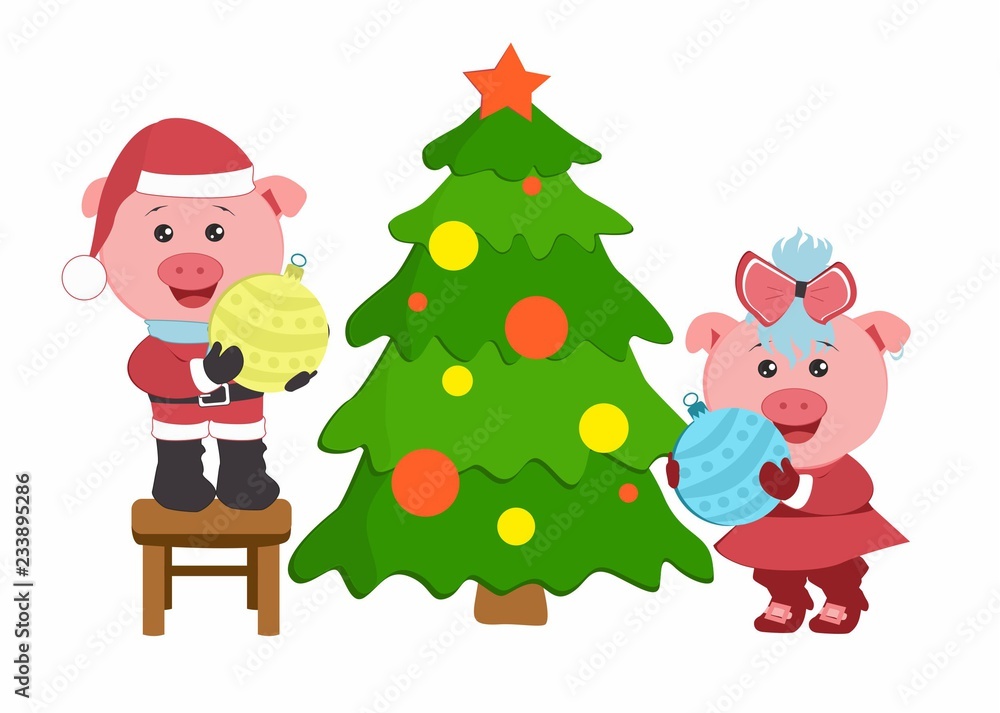 Chinese Horoscope 2019. Two pigs in the New Year's clothes decorate Christmas tree. Chinese Horoscope 2019. Two pigs in the New Year's clothes decorate Christmas tree.