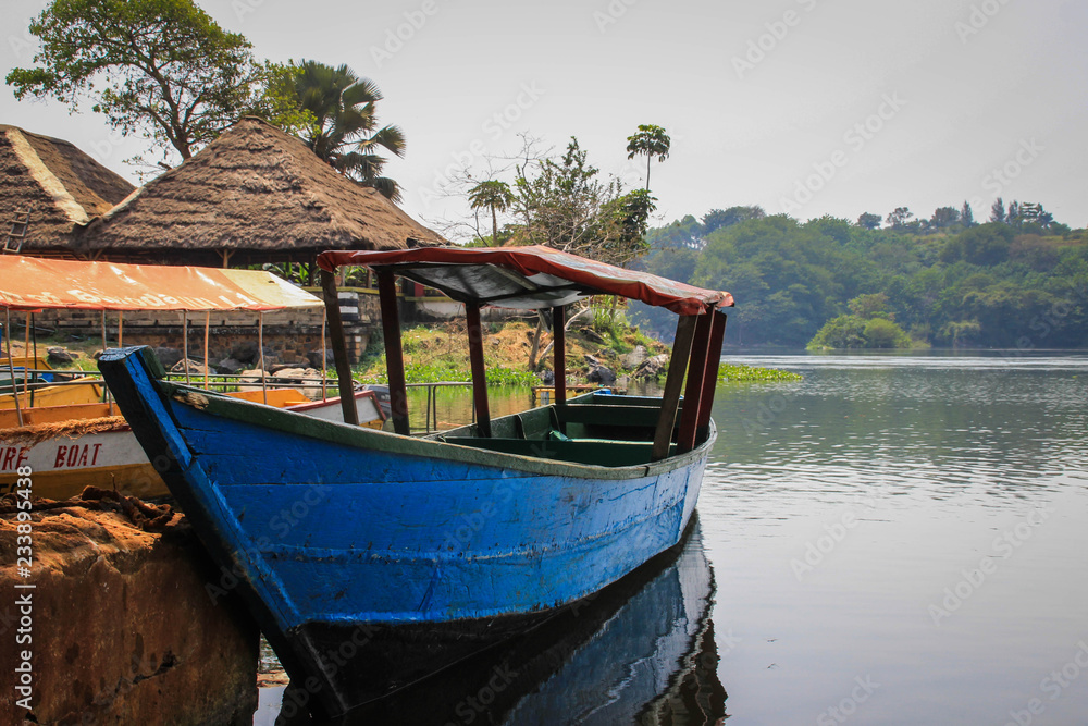 Wooden boat on the Nile River in Uganda