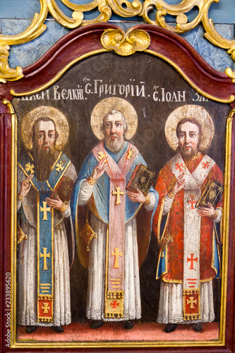 Bardejov, Slovakia. 9 August 2018. An icon of the Three Hierarchs - Basil the Great, Gregory the Theologian and John Chrysostom. A part of an iconostasis from around 1766.