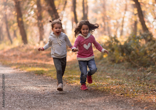 Fototapeta Naklejka Na Ścianę i Meble -  two cute little girls run through the park during the autumn sunny afternoon. Two small disobedient girls have running and having fun outside. two little happy girls.