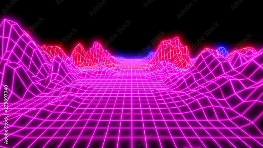 Neon low poly grid landscape animation. Seamless retro futuristic background.