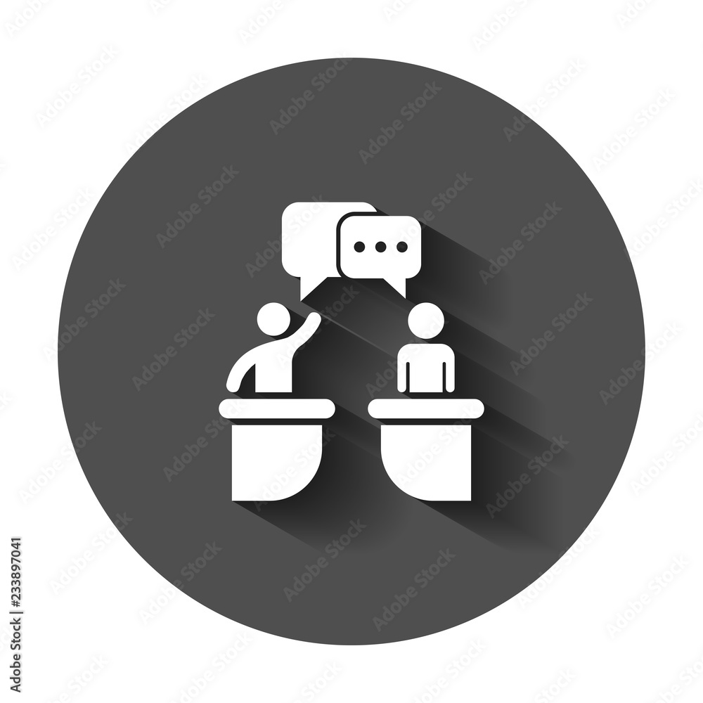 Politic debate icon in flat style. Presidential debates vector illustration with long shadow. Businessman discussion business concept. Politic debate icon in flat style. Presidential debates vector illustration with long shadow. Businessman discussion business concept.