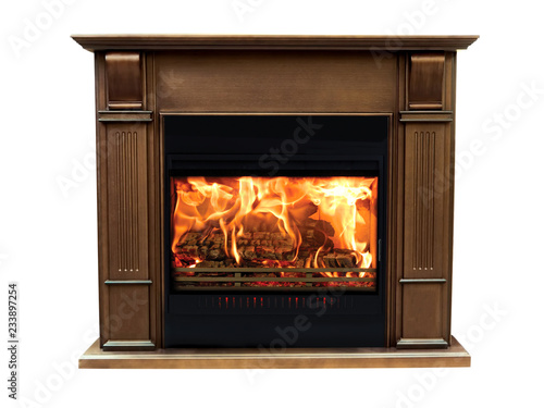 Classic brown burning fireplace isolated on white background