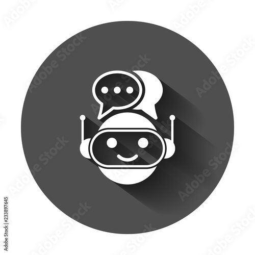 Cute robot chatbot icon in flat style. Bot operator vector illustration with long shadow. Smart chatbot character business concept.
