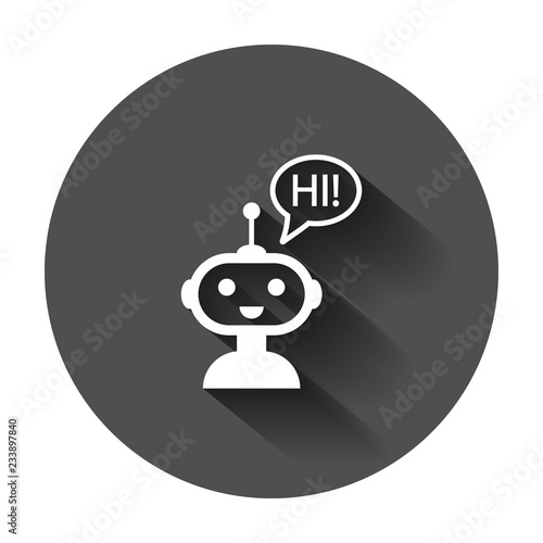Cute robot chatbot icon in flat style. Bot operator vector illustration with long shadow. Smart chatbot character business concept.