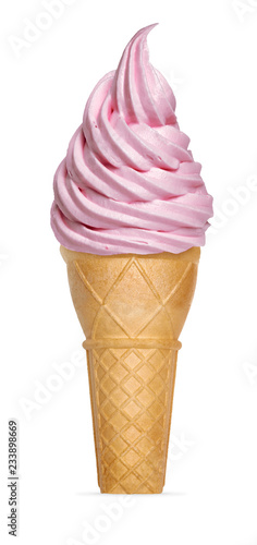 Strawberry soft serve ice cream or frozen yogurt in cone isolated on white background