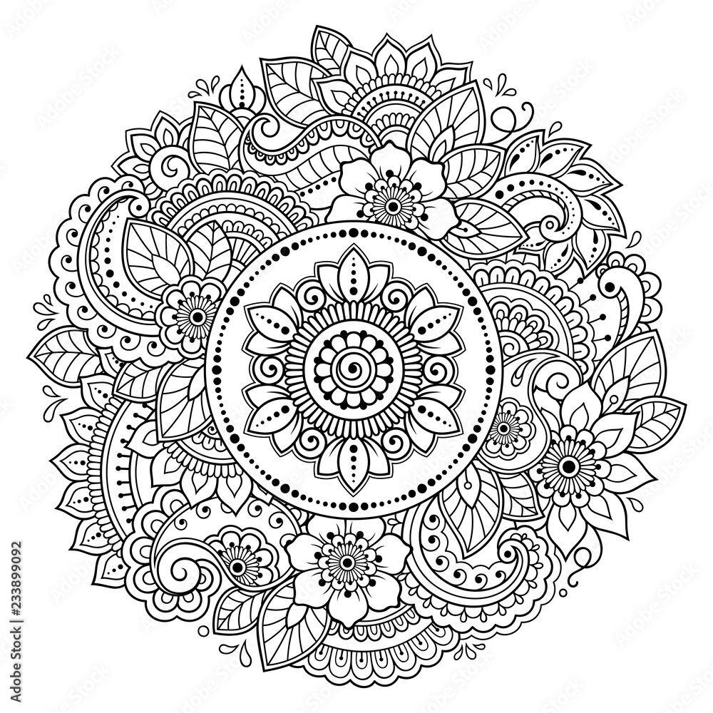 Circular pattern in form of mandala with lotus flower for Henna, Mehndi, tattoo, decoration. Decorative ornament in ethnic oriental style. Coloring book page.