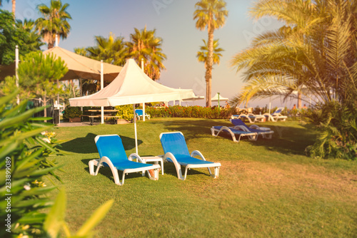 Beach view with blue sea and umbrellas