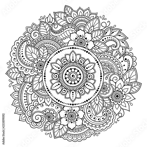 Circular pattern in form of mandala with lotus flower for Henna, Mehndi, tattoo, decoration. Decorative ornament in ethnic oriental style. Coloring book page.