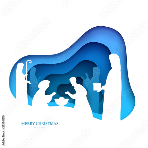 Baby jesus born in Bethlehem in paper cut trendy craft cartoon style. Christmas, new year modern design for advertising, branding background greeting card, cover, poster, banner. Vector illustration.