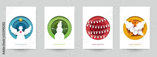 Set background for covers, invitations, posters, banners, flyers, placards. Minimal template design for branding, advertising with winter christmas composition in paper cut style. Vector illustration.