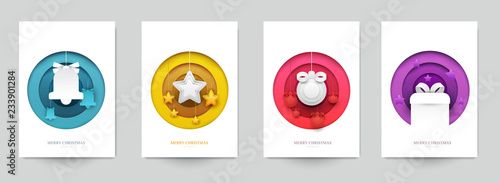 Set background for covers, invitations, posters, banners, flyers, placards. Minimal template design for branding, advertising with winter christmas composition in paper cut style. Vector illustration.