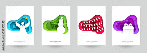 Set background for covers, invitations, posters, banners, flyers, placards. Minimal template design for branding, advertising with winter christmas composition in paper cut style. Vector illustration.