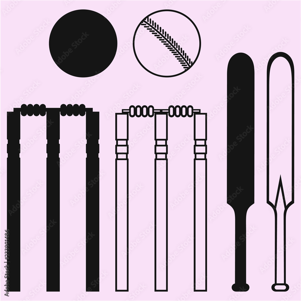 equipment for cricket bat, ball and wicket, vector silhouette Stock
