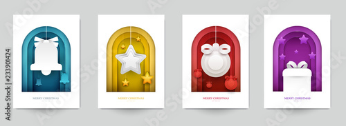 Set background for covers, invitations, posters, banners, flyers, placards. Minimal template design for branding, advertising with winter christmas composition in paper cut style. Vector illustration.