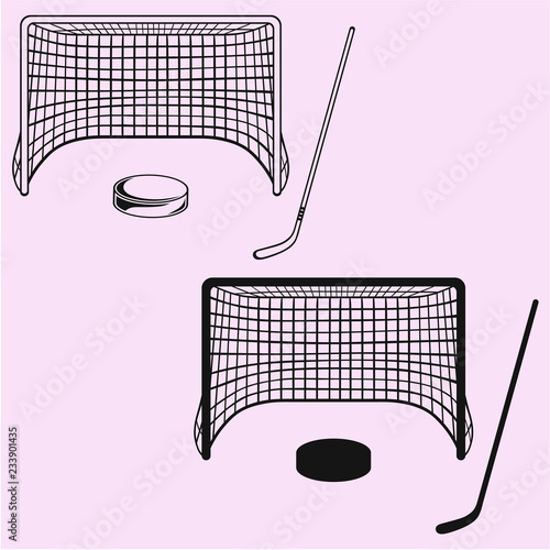 set of ice hockey elements: hockey stick, hockey goal and puck vector silhouette 
