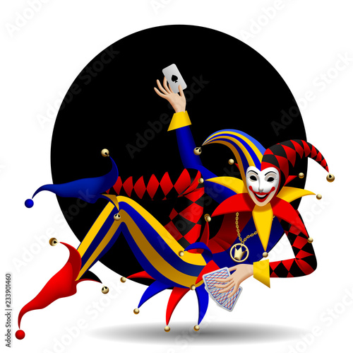 Joker lying in a black circle with playing cards isolated on white
