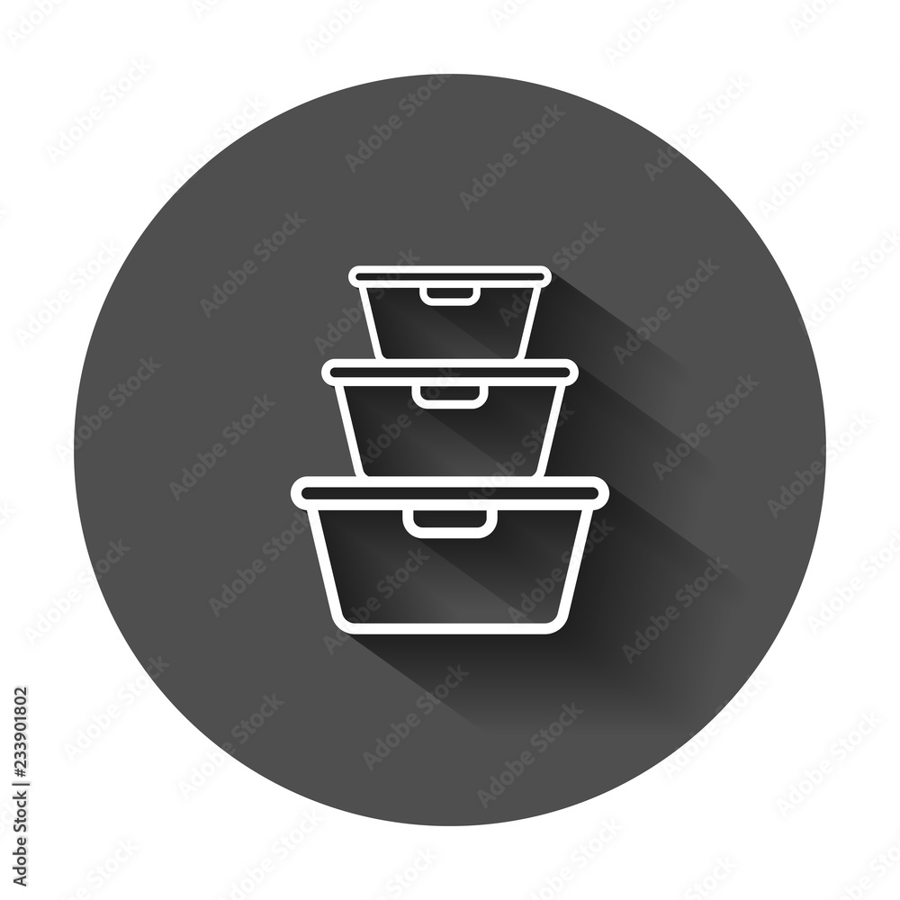 Food container icon in flat style. Kitchen bowl vector illustration with long shadow. Plastic container box business concept. Food container icon in flat style. Kitchen bowl vector illustration with long shadow. Plastic container box business concept.