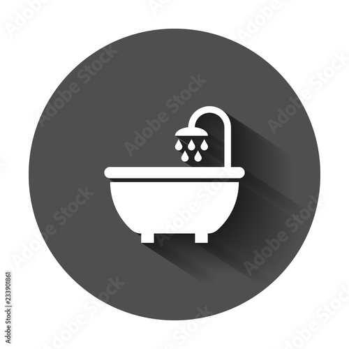 Bath shower icon in flat style. Bathroom hygiene vector illustration with long shadow. Bath spa business concept.