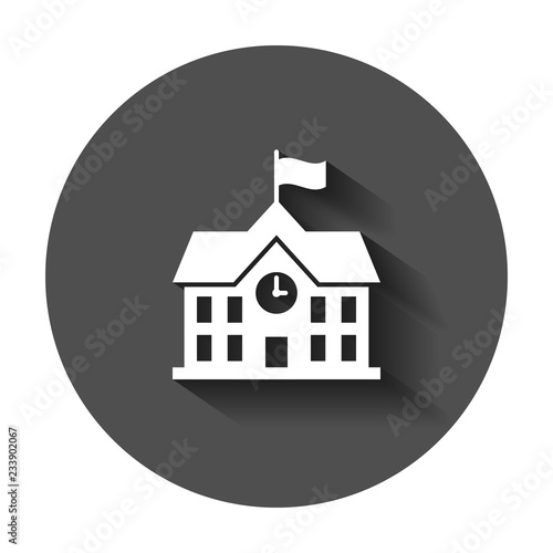 School building icon in flat style. College education vector illustration with long shadow. Bank, government business concept.
