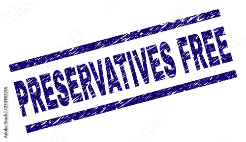 PRESERVATIVES FREE seal print with distress style. Blue vector rubber print of PRESERVATIVES FREE tag with retro texture. Text tag is placed between parallel lines.