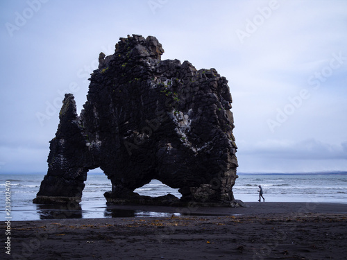Hvitserkur basalt stack along the eastern shore of the Vatnsnes peninsula, in northwest Iceland, tourist near it