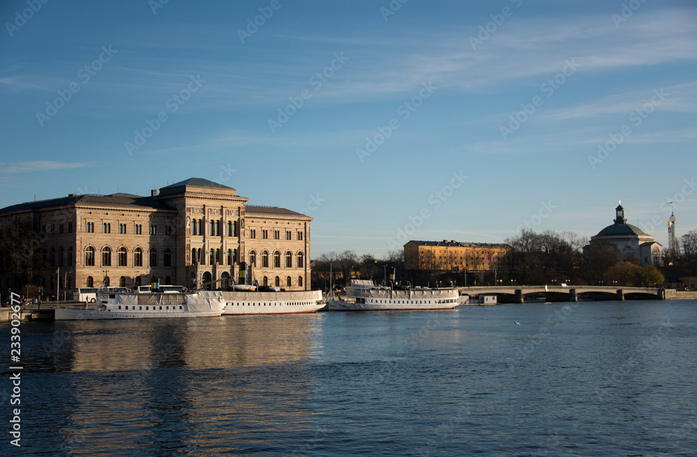 Landmarks and boats at the waterfront of Stockholm
