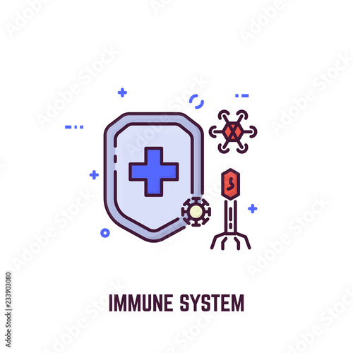 Immune system shield and viruses and bacteria attacking shield. Bacteriophage and virus. Line style vector illustration.