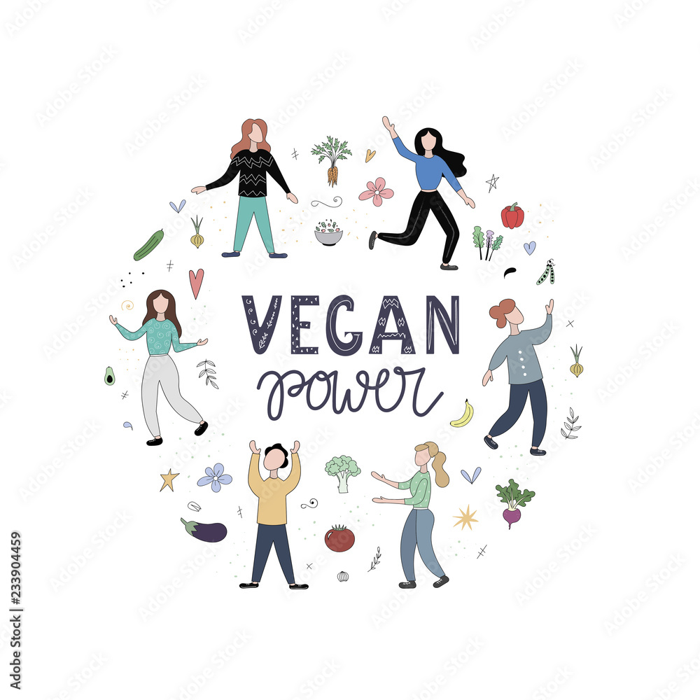 Vegan people illustration. Vegan power flat Vegan people illustration. Vegan power flat