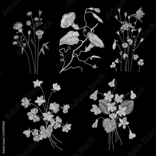 Traditional folk stylish stylish embroidery on the black background. Sketch for printing on clothing, fabric, bag, accessories and design. Vector, trend