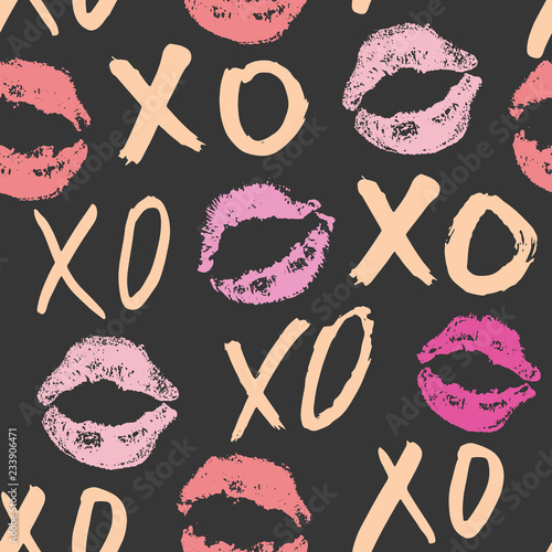 XOXO brush lettering signs seamless pattern, Grunge calligraphic hugs and kisses Phrase, Internet slang abbreviation XOXO symbols, vector illustration isolated on white background