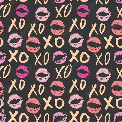 XOXO brush lettering signs seamless pattern, Grunge calligraphic hugs and kisses Phrase, Internet slang abbreviation XOXO symbols, vector illustration isolated on white background