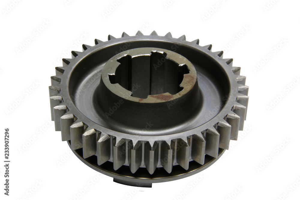 Metal gears isolated above white background. Car parts on white background. Metal gears isolated above white background. Car parts on white background.