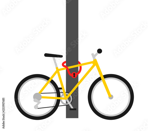 Bike lock - security and protection against  thief and robbery. Bicycle is locked to stationary mast, pole and pillar. Vector illustration